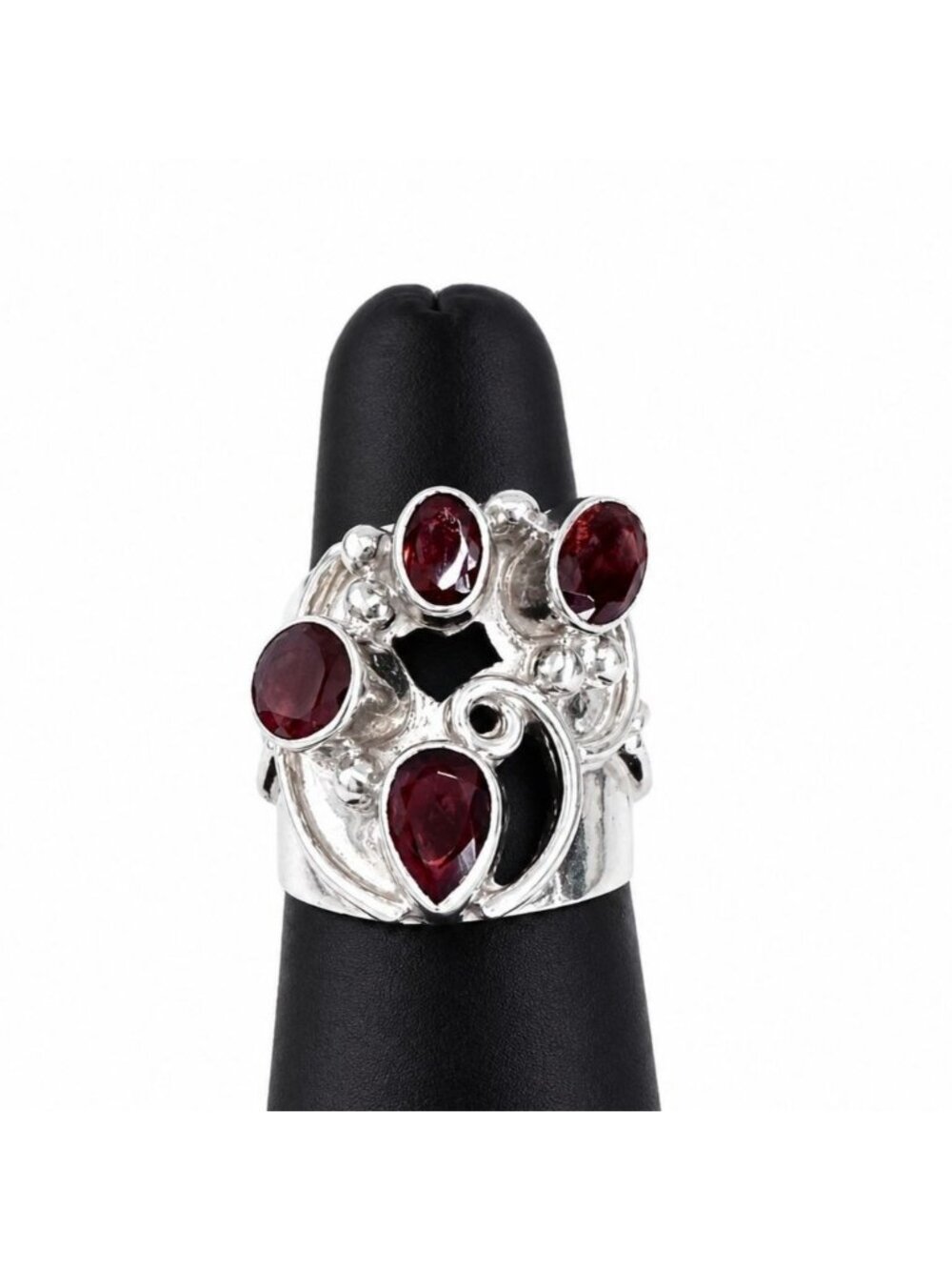 Sterling Silver 925 Red Gemstones Wide Band Ring Size 6.5 Artisan Openwork 12g